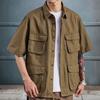 Men Summer Shirt Solid Color Multiple Pockets Lapel Single-breasted Cardigan Keep Trendy Casual Breathable Men Shirt for Work