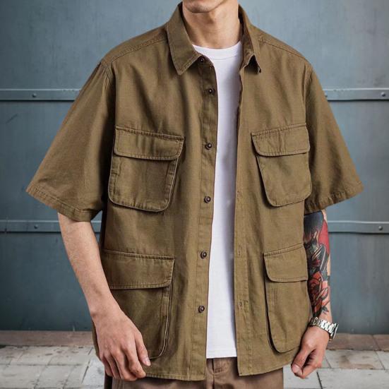 Men Summer Shirt Solid Color Multiple Pockets Lapel Single-breasted Cardigan Keep Trendy Casual Breathable Men Shirt for Work