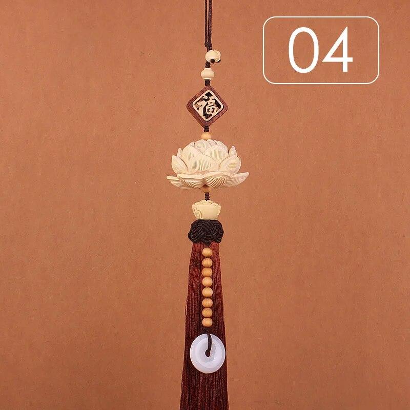 Chinese Style Lucky Fu Wooden Carved Lotus Buddha Statue Pendant Creative Gift Home Car Hanging Accessories Decor Auto Interior
