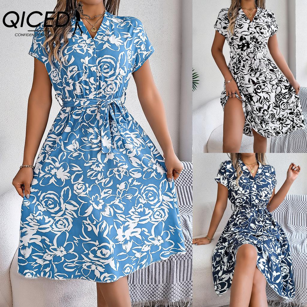 QICED Spring Summer Casual V-neck Button Bat Sleeve Flower-patterned Dress for Women