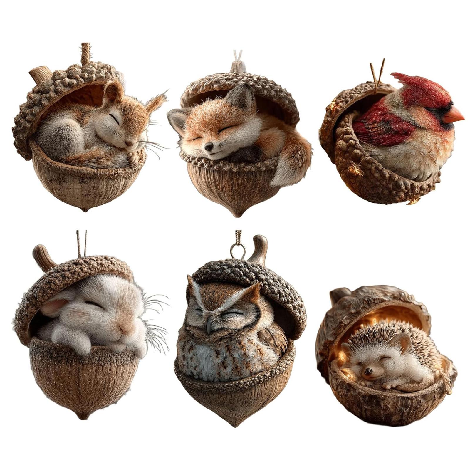 6Pcs Forest Animal Acorn Ornaments 2D Flat Acrylic Christmas Tree Hanging Decorations Nature-Themed Forest Animals Xmas Decor