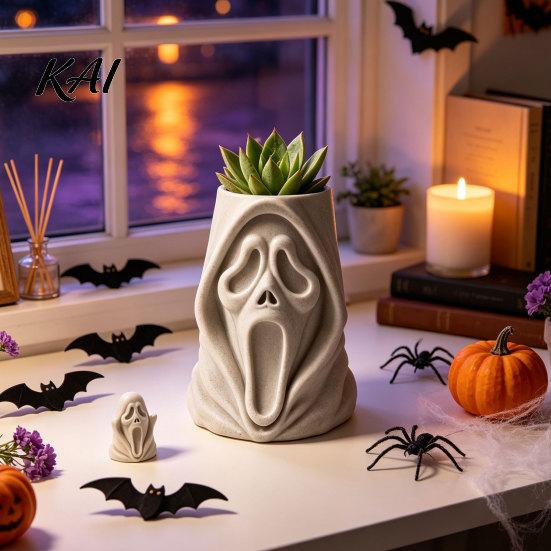 Trick or Treat Bucket Halloween Ghost Face Candy Bucket, 3D Printed Snack Holder, Scary Party Decorations Spooky Screaming Desktop Organizer