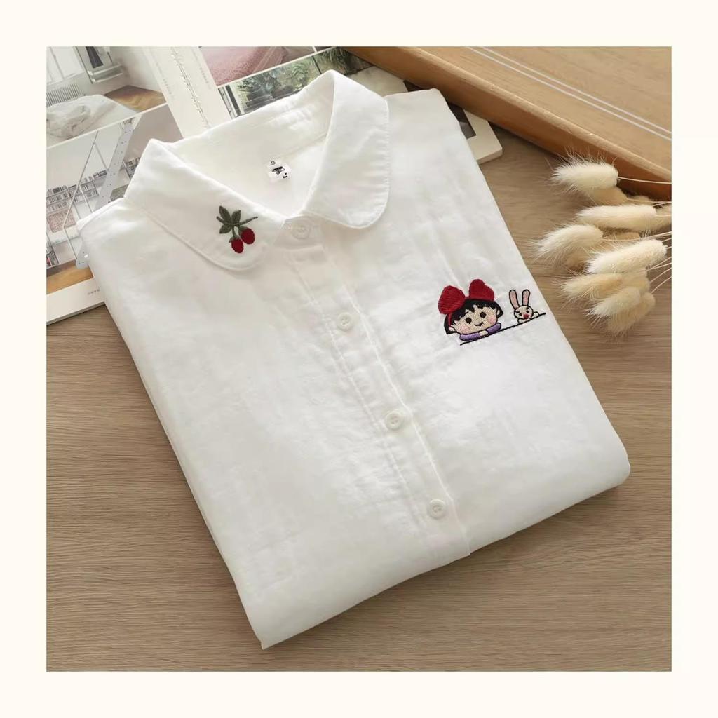 Women's Long Sleeve White Cotton Shirt with Rabbit and Radish Embroidery – Spring & Autumn Collection