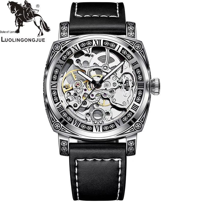 Herren Skelett Automatische Mechanische Uhr, Geprägtes Edelstahl