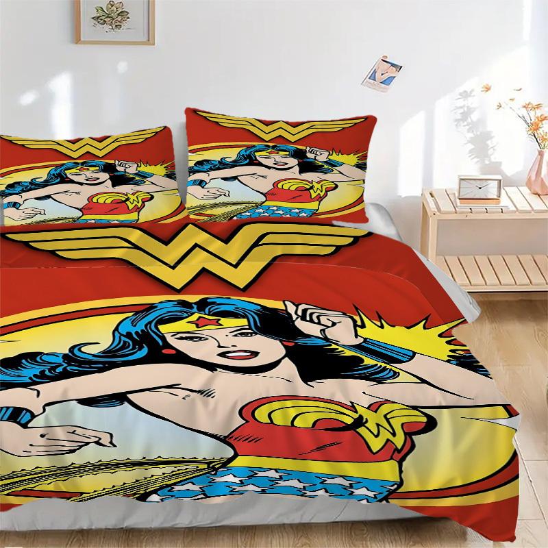 

3pcs Wonder Woman, Superhero Cover Set, Bedding Set, Soft Comfortable Duvet Cover, For Bedroom, Guest Room (1*Duvet Cover + 2*Pillowcases, W 135x200cm