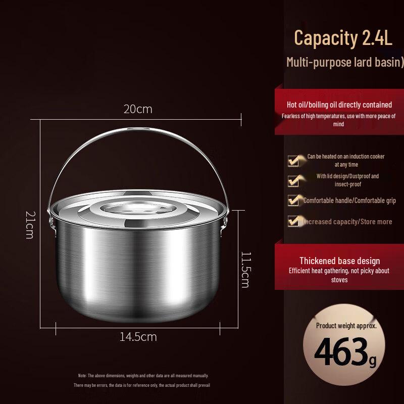 Abay Stainless Steel Lard Storage Pot with Lid, 2.4L