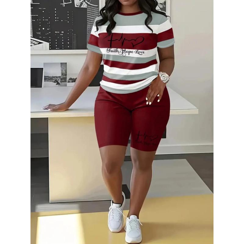 Ladies Elastic Tight Short Sleeve Top High Rise Skinny Shorts 2 Piece Running Training Outfit