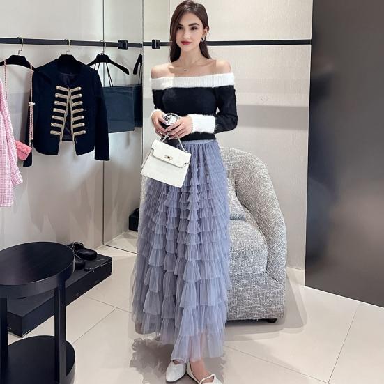 Saia Bolo Feminina Cintura Alta Elástica Linha A Barra com Babados Multicamadas Cor Sólida Saia Longa Trabalho Lazer Uso Diário