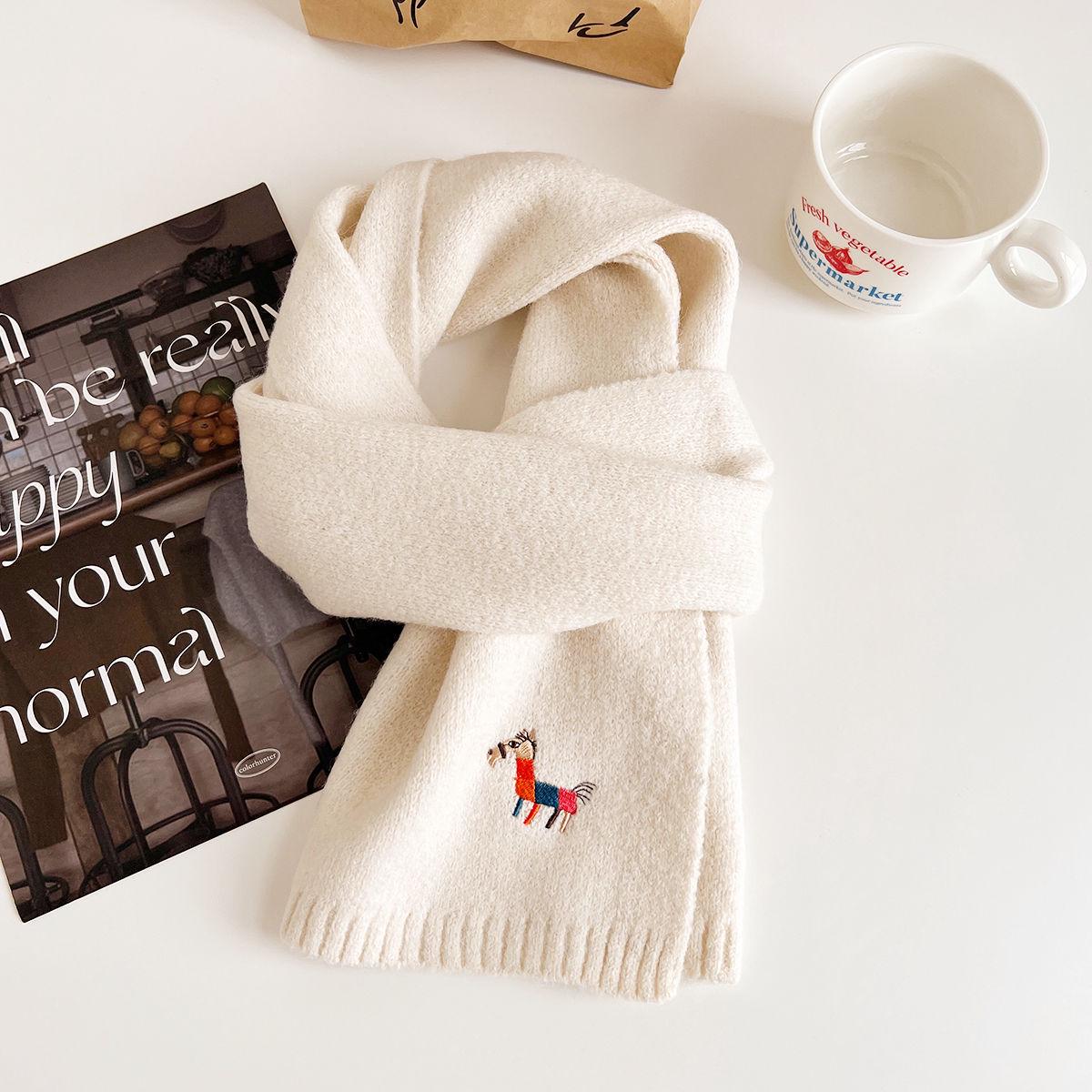 

Корейский вязаный шерстяной шарф осень/зима 2024 года — женский теплый, толстый, с вышивкой Adults 20*160CM белый