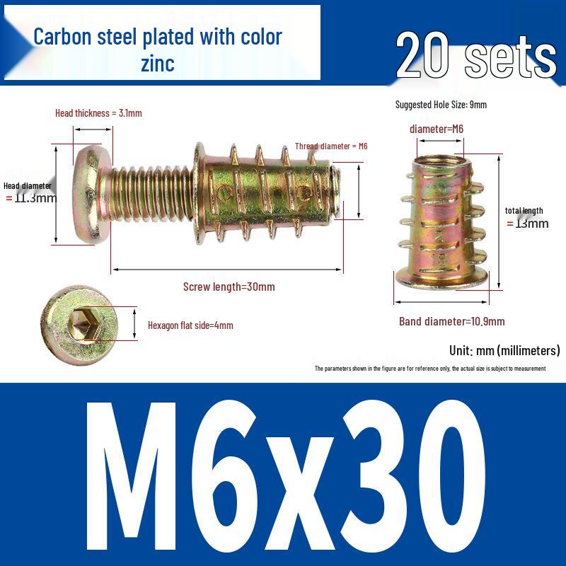 Flat Head Hex Socket Screws & Pre-embedded Nut Set for Wooden Bed Connectors