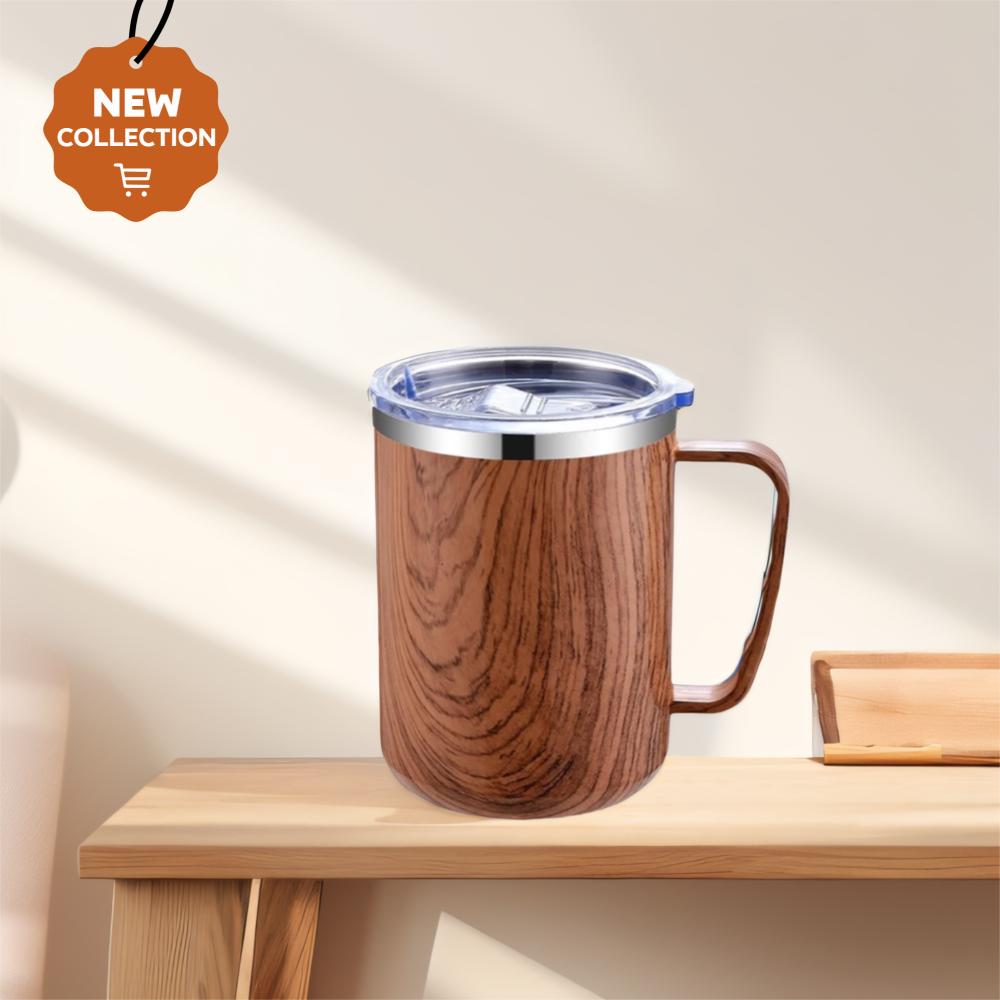 Vintage wood grain stainless steel mug, Double-layer Insulated coffee mug, Office tea cup with lid, Morning milk cup, 480ml