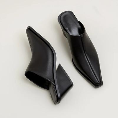 Fashion Brand Ladies Genuine Leather Mules Med Chunky Heels Wedges Slippers Women Casual Office Shoes Woman Sandalias De Mujer