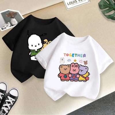 Dziewczęcy T-shirt Top 2-13L Luźny Krój Casual O-Neck Krótki Rękaw Chłopięcy T-shirt Modny Nadruk Krótki Rękaw