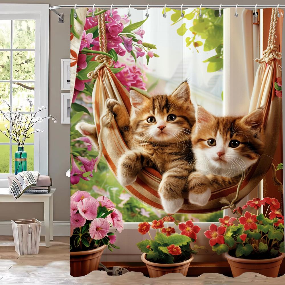 1 Piece Cute Cat in Hammock in the Garden Shower Curtain, Bathroom Curtain with Hooks,Printed Polyester Home Decorative Curtain