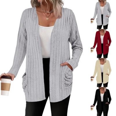 Women's Fashionable Loose Color Ribbed Brushed Pocket Cardigan Long,sleeved Coat