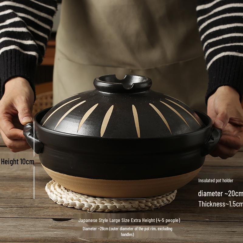 Japanse Keramische Kleipot: Multi-Use Stoofpot, Rijstkoker, Gas- en Inductiekookplaat - Kleine Maat Steen en Platte Pan voor Soepen.