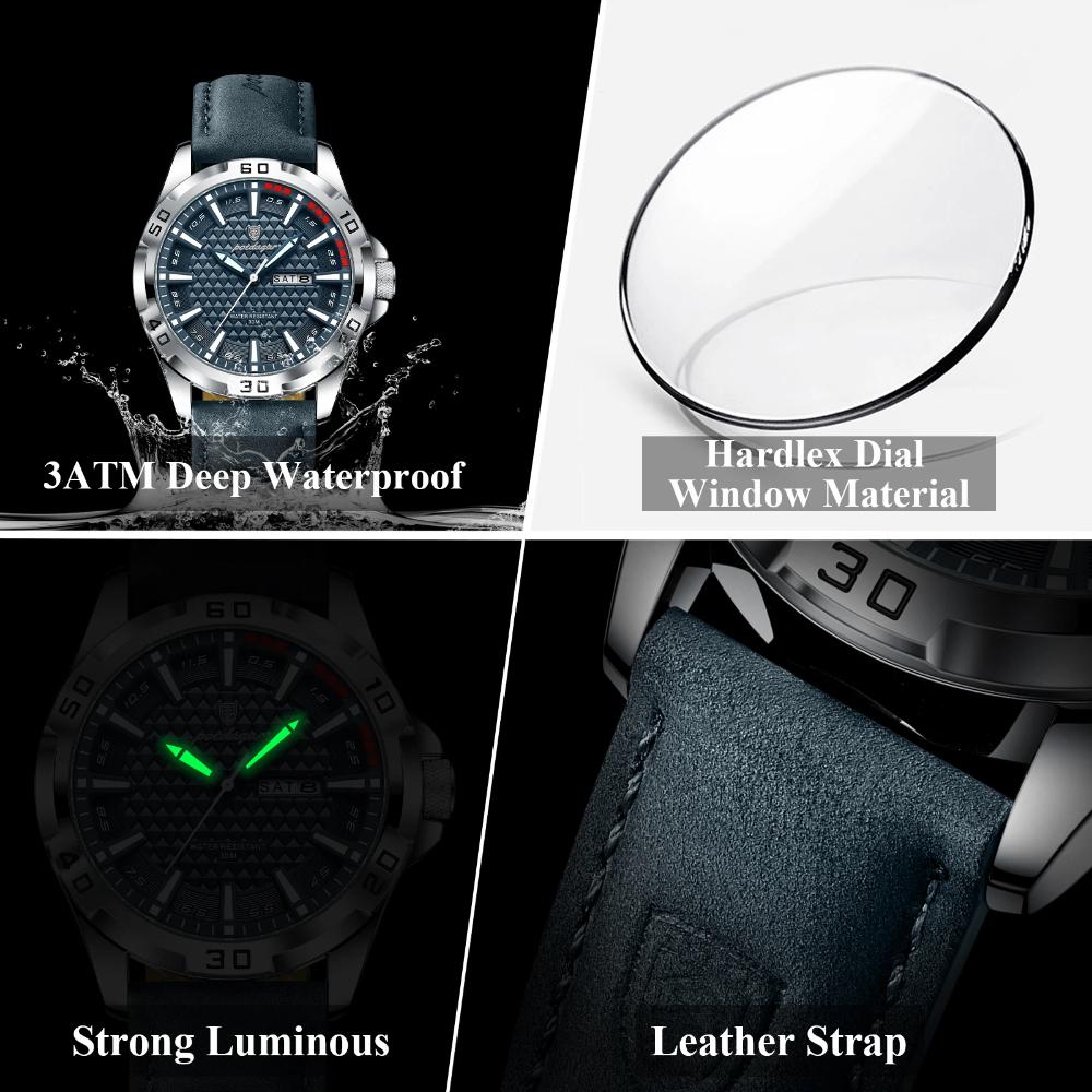 POEDAGAR Original Man Wristwatch Top Luxury Waterproof Luminous Date Week Watch for Men Quartz Sport Leather Watches Reloj