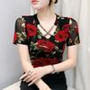 Summer New Fashion Rose Print T-shirt Chic Cross Hollow Out Hot Diamonds Tees Sexy V-neck Short Sleeve Women's Tops Blouse