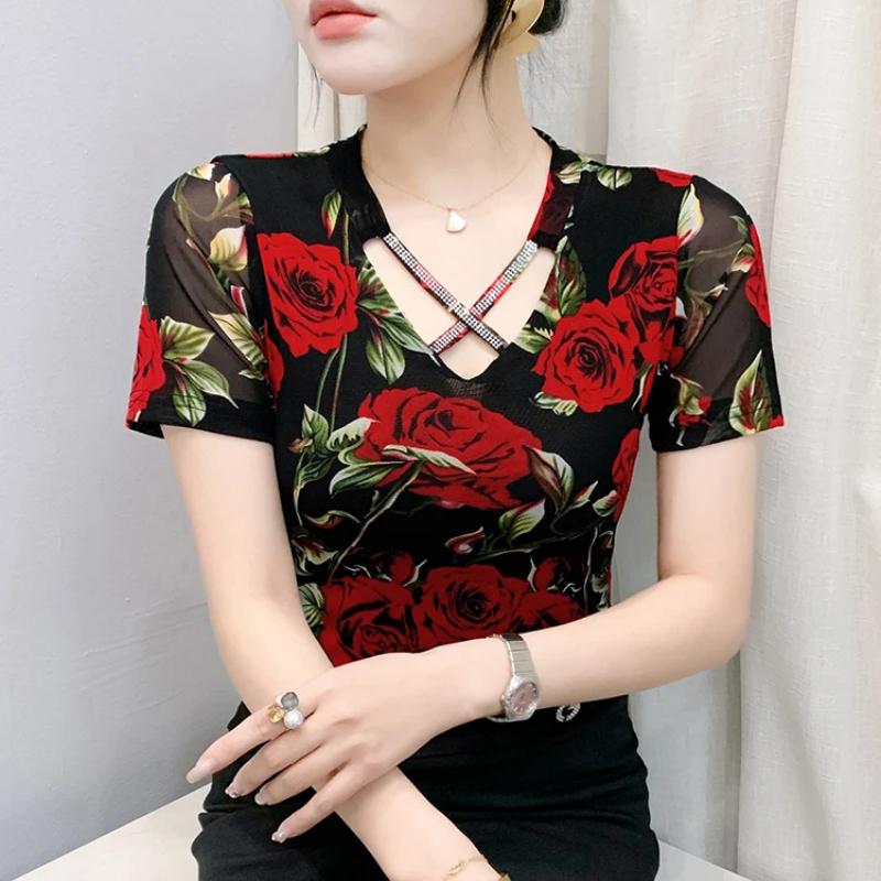 Summer New Fashion Rose Print T-shirt Chic Cross Hollow Out Hot Diamonds Tees Sexy V-neck Short Sleeve Women's Tops Blouse