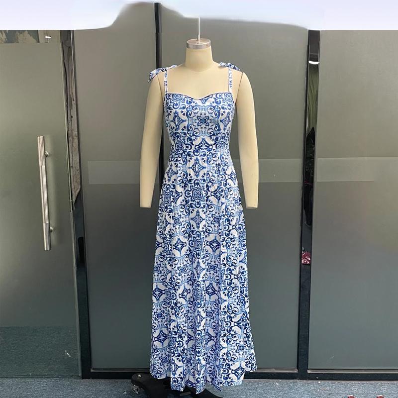 Sexy Elegant Backless Print Long Dress Women Casual Split Sleeveless Strappy Dresses Female Fashion Chic Sweet Beach Party Clothing