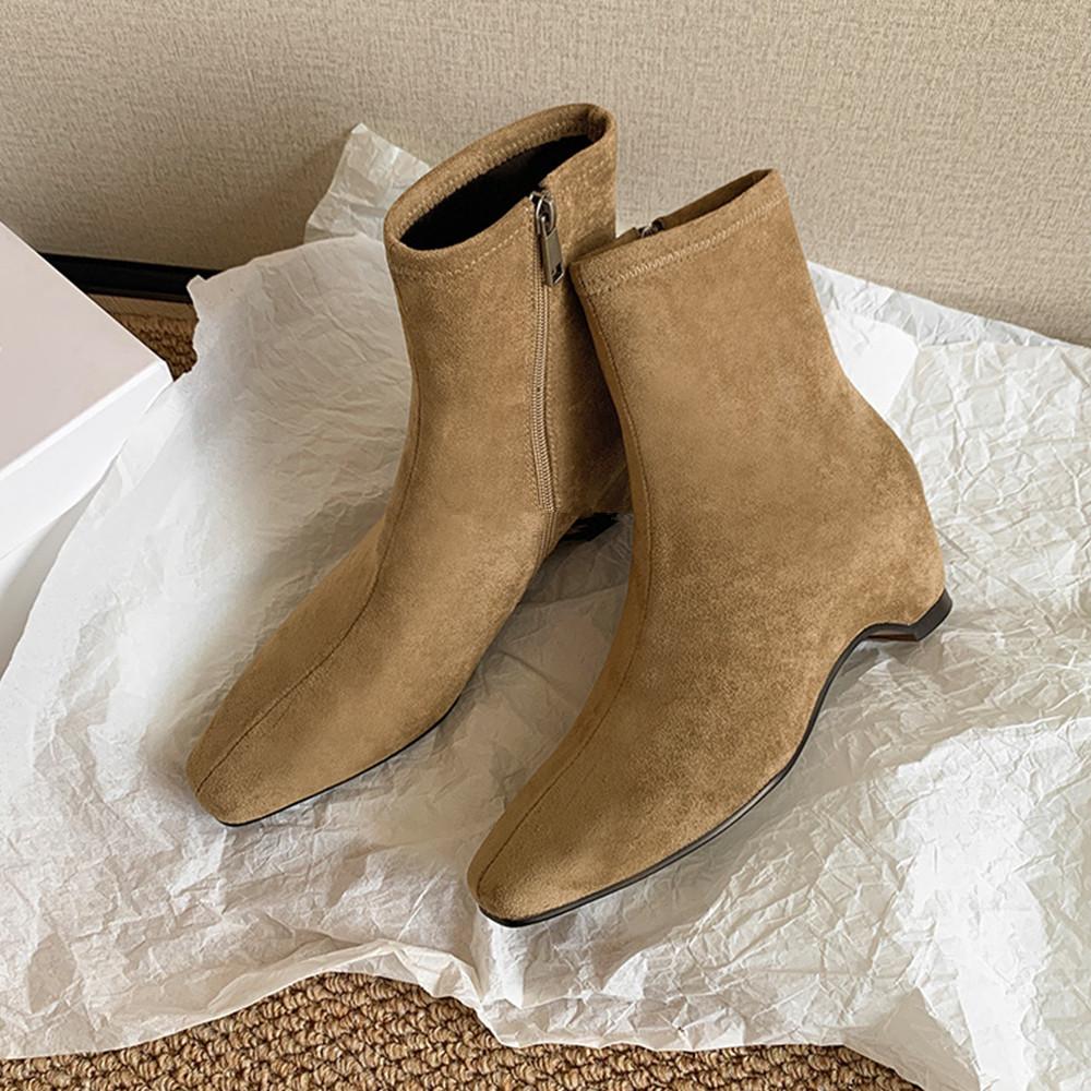Women's Chunky Platform Ankle Boots 5cm Height Increasing French Retro Office Ladies Fashion Autumn Suede Short Boots Brown
