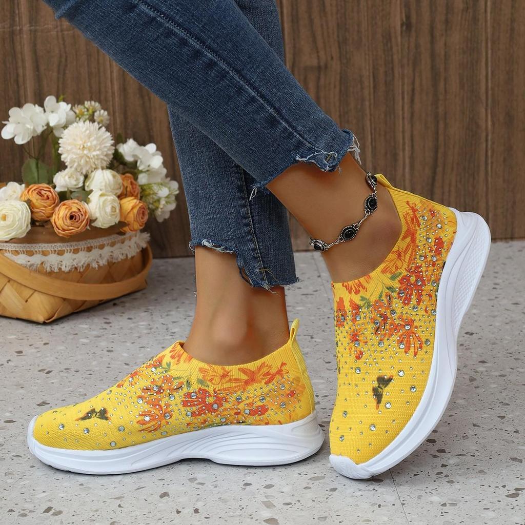 Mulheres primavera respirável esportes sapato casual strass arco-íris brilhante mosca tecelagem plsole sapato