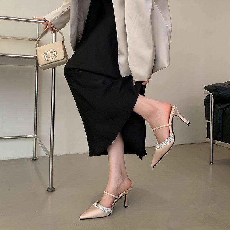 Purple charm rhinestone high heels new pointed light satin word with two wear light mouth sandals slippers