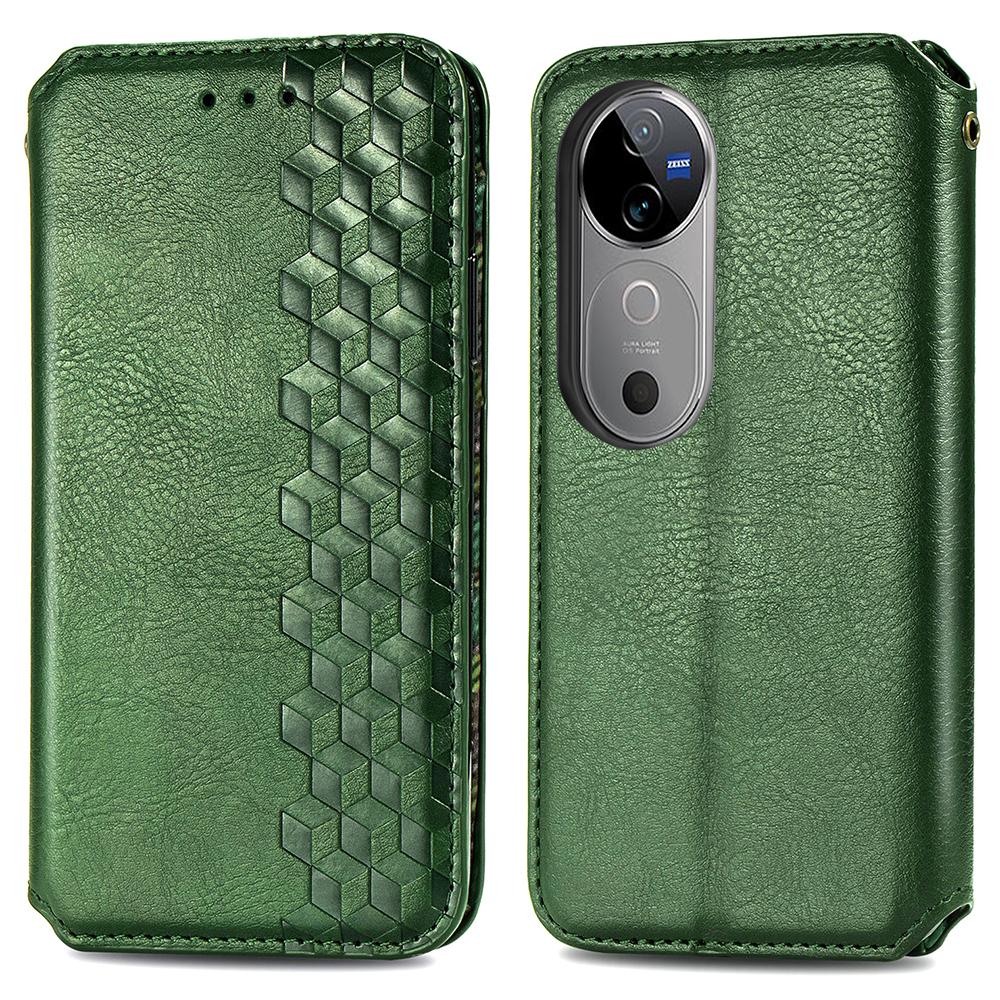 

For vivo V40 5G PU Leather Case Rhombus Imprint Wallet Stand Phone Cover Green