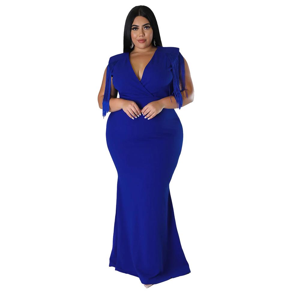Plus Size Fringe V Neck Maxi Dress Long Sleeve Mermaid Gown Curvy Bodycon Fishtail Long Dress Sexy Tassel Shoulder Evening Party Formal Wedding Gown