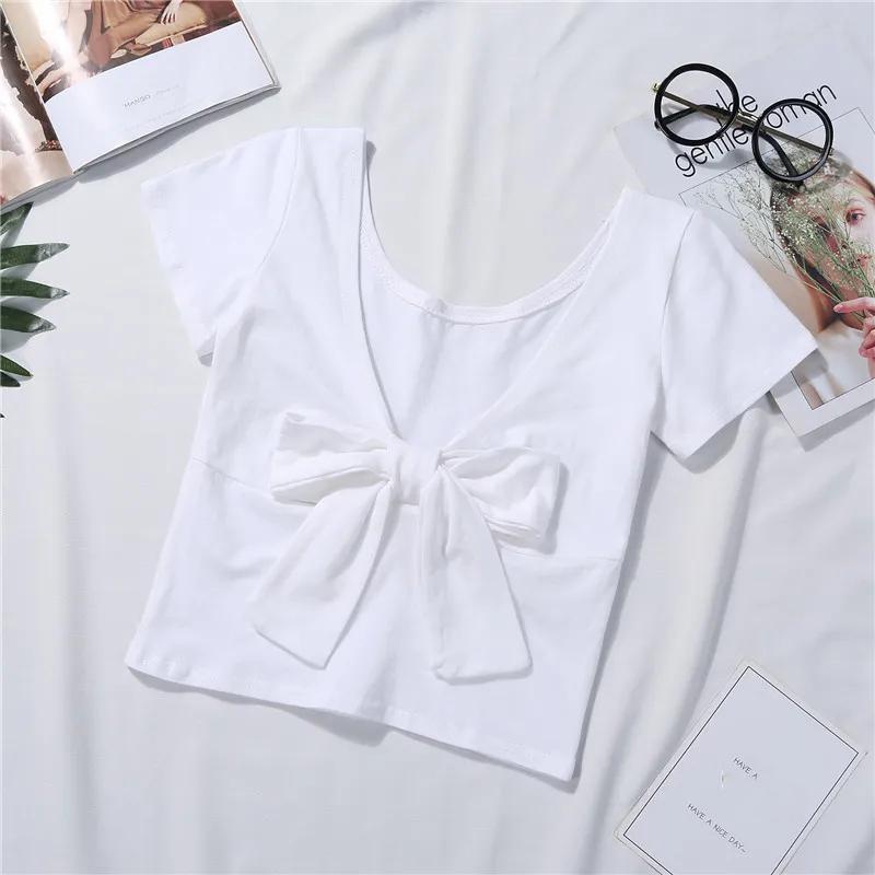 

Женская футболка с бантом, укороченный пупок, с короткими рукавами и высокой талией, короткий топ, узкая сексуальная футболка с открытой спиной M белый