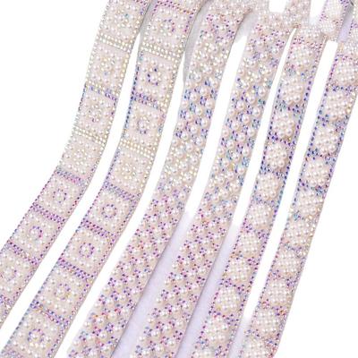 1 Yard Colorful Self-Adhesive Rhinestone Tape DIY Pearl Chain Garment Shoes Bags Bags Decoration