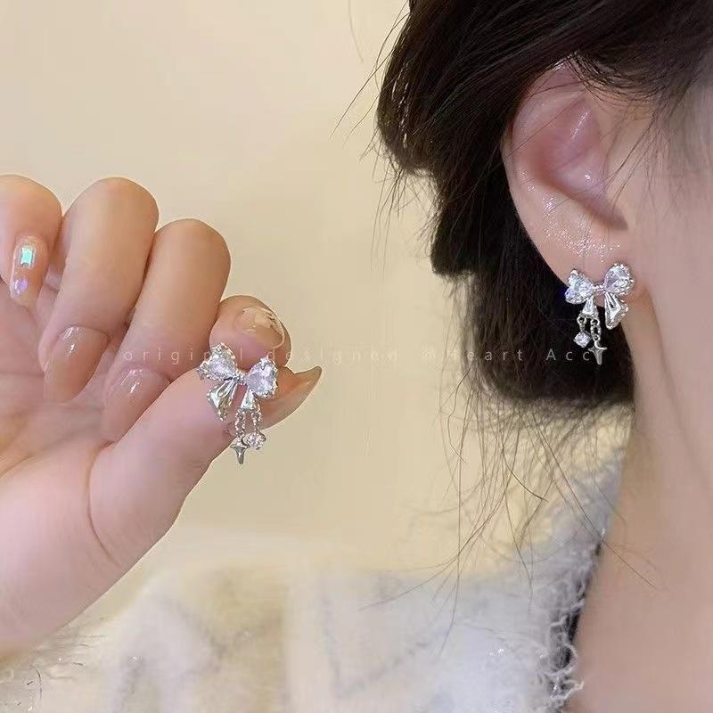 Y2K Bowknot Zircon Stud Earrings for Women Fashion Korean Silver Color Pink Crystal Personality Earring Girl Party Jewelry Gifts