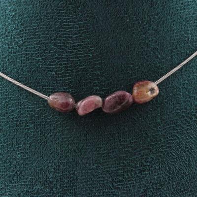 Stones and Minerals. Necklace 4 Beads Tourmaline Rubellite from Brazil Steel Chain Necklace for Women, Men. Customizable Size.