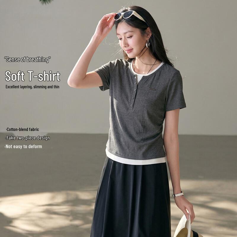 

HSTYLE Women s Faux Two-Piece Color Block T-Shirt M