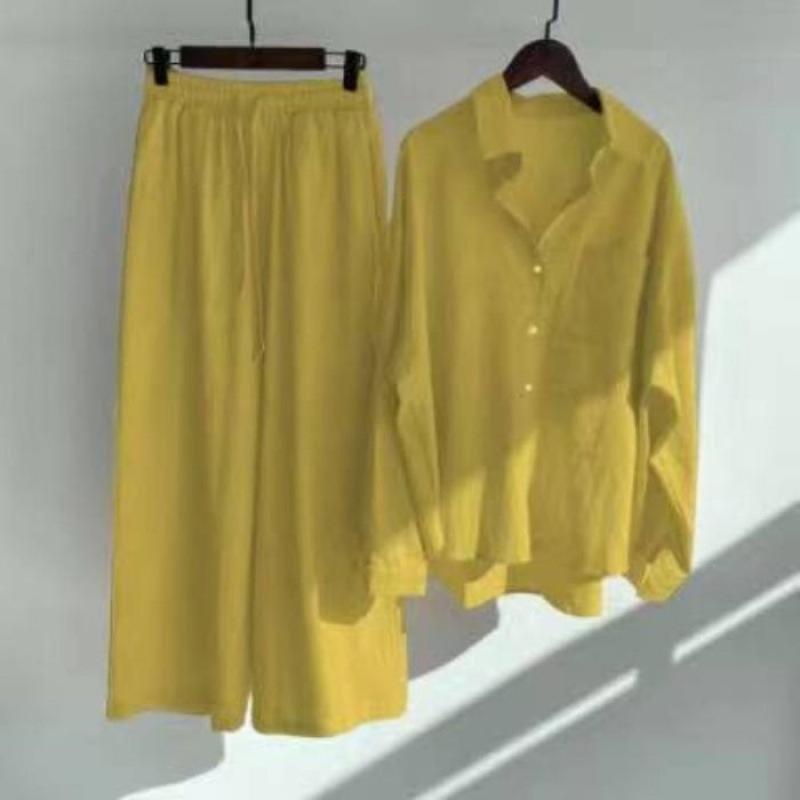 Spring Fashion Plus Size Women's Two-Piece Set: Cotton Linen Shirt & High-Waisted Loose Trousers