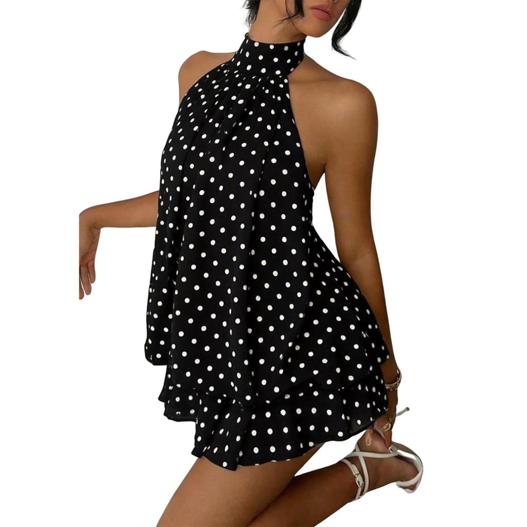 Women’s Neck Irregular Hem Polka Dot Sleeveless Backless Mini Dress Loose Fit Layered Skirt Design for Summer Wear