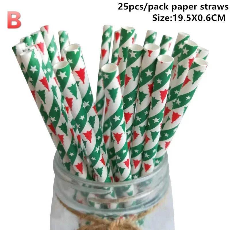 

25pcs Disposable Christmas Paper Straws Snowflake Xmas Tree Drinking Straw Merry Christmas Wedding Decorations Party Supplies B