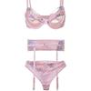 Pink Satin Embroidered Lingerie Set with Open Cup Bra, Garter, and Panty