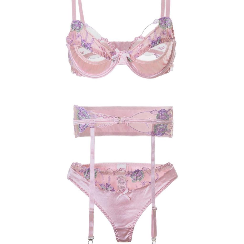 Pink Satin Embroidered Lingerie Set with Open Cup Bra, Garter, and Panty