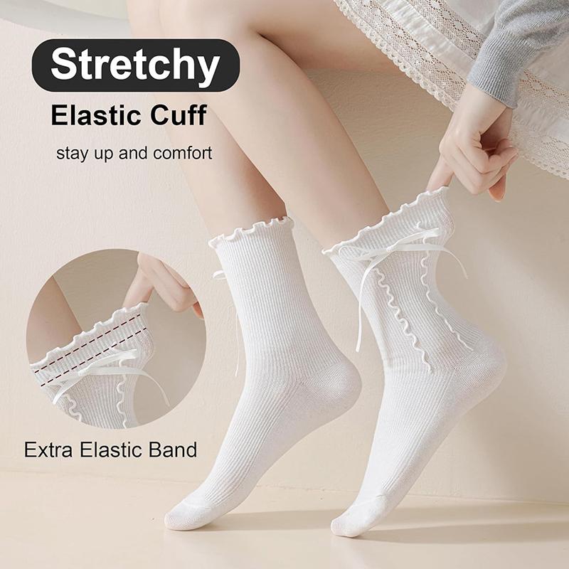 Womens Crew Ruffle Socks Cute Frilly Casual Socks Ribbon Bow Knit Cotton Lettuce Adorable Socks 3 Pack