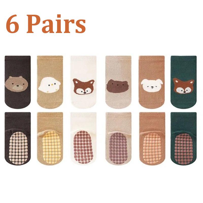 6 Pairs Kids Non-Slip Socks Cute Cartoon Fox And Bear Pattern Childrens Boys Girls Floor Socks Comfortable for Toddler Sock Gift