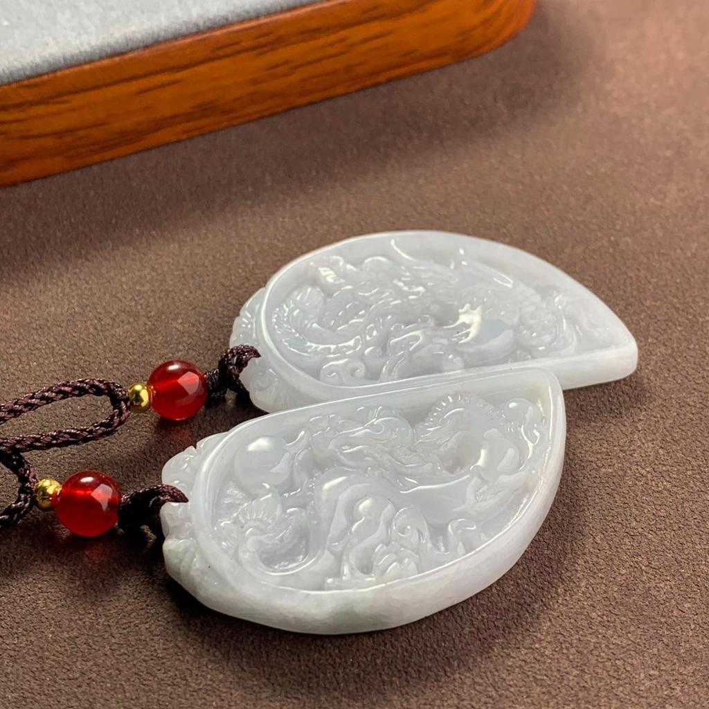 A-Grade Heart-Shaped Dragon & Phoenix Jade Pendant Pair - Ideal for Valentine's, Qixi, Engagement, or Wedding Gift