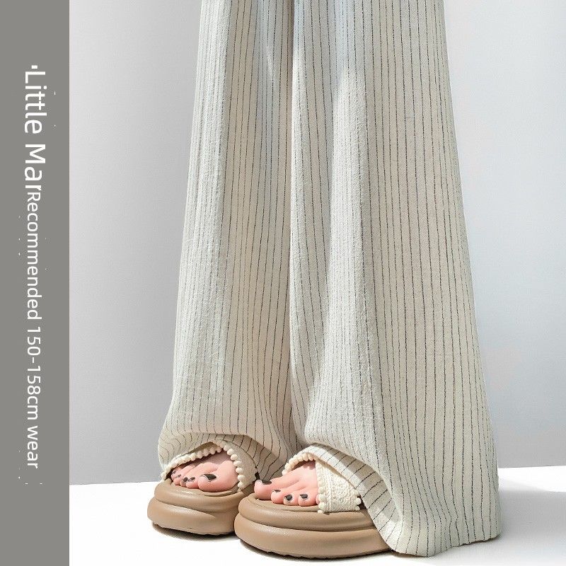 

White Linen Striped Pants Women s Summer Thin 2025 New Drape Loose Straight Casual Cotton and Linen Wide-Leg Pants White [Little Man]] XS