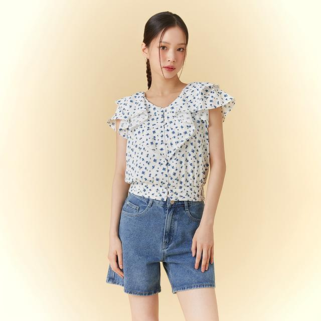 Rap Floral Print Frill Collar Blouse Aq2Wb56A Blue/M