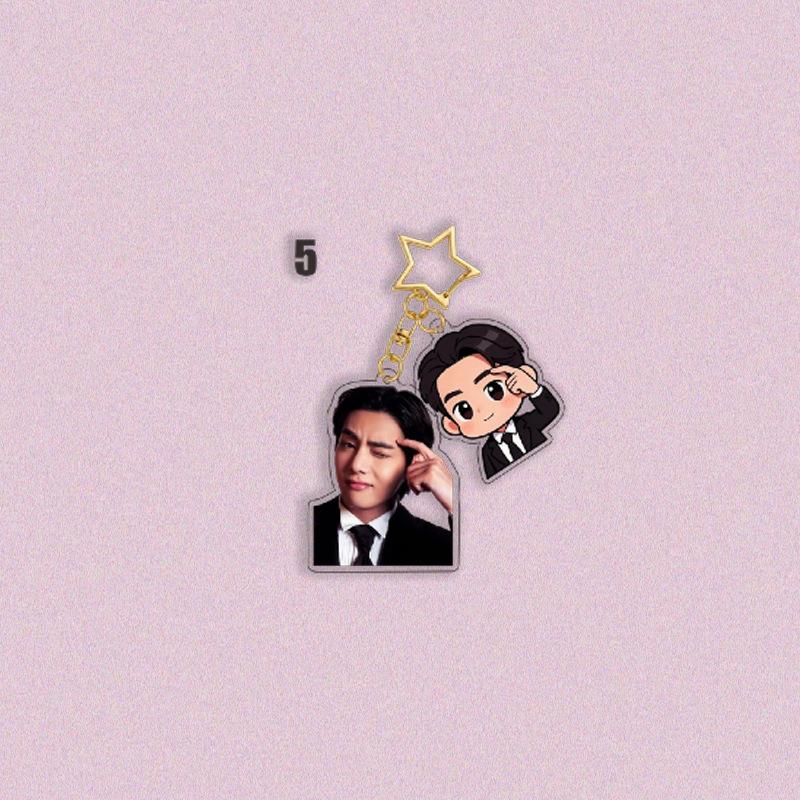 BTS Formal Suit Double Charm Keychain, Bangtan Boys Real Photo + Cartoon Figure Keyring with Gold Star Clasp, Kpop Idol Bag Pendant for ARMY Fans