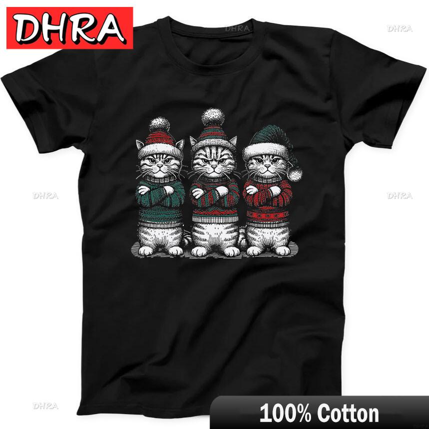 Merry Christmas Cats Cute Winter Festive Santa Funny Gift Black T Shirt Unique Aesthetic Clothing Tees for Daily Wear TShirt 4XL