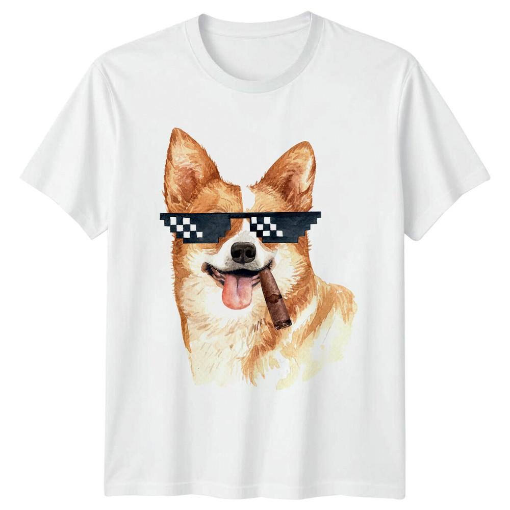 Corgi Dog Pixel Sunglasses Cigar Unisexs TShirt Funny Pet Tee S