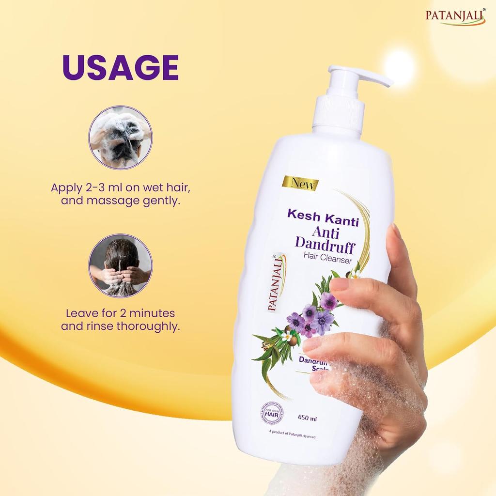 Patanjali Kesh Kanti Anti-Dandruff Hair Cleanser 650 Ml Pack of 1, Natural Shampoo for Hairfall and Scalp Care