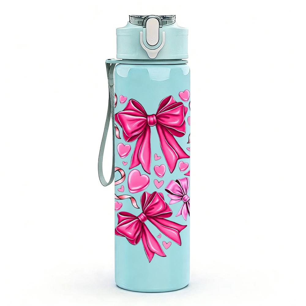 1PC Pink Bow Ribbon Heart Bouquet 750ml Color Plastic Sports Water Bottle Leakproof Flip Straw Lid Suitable for Sports Office Home Use