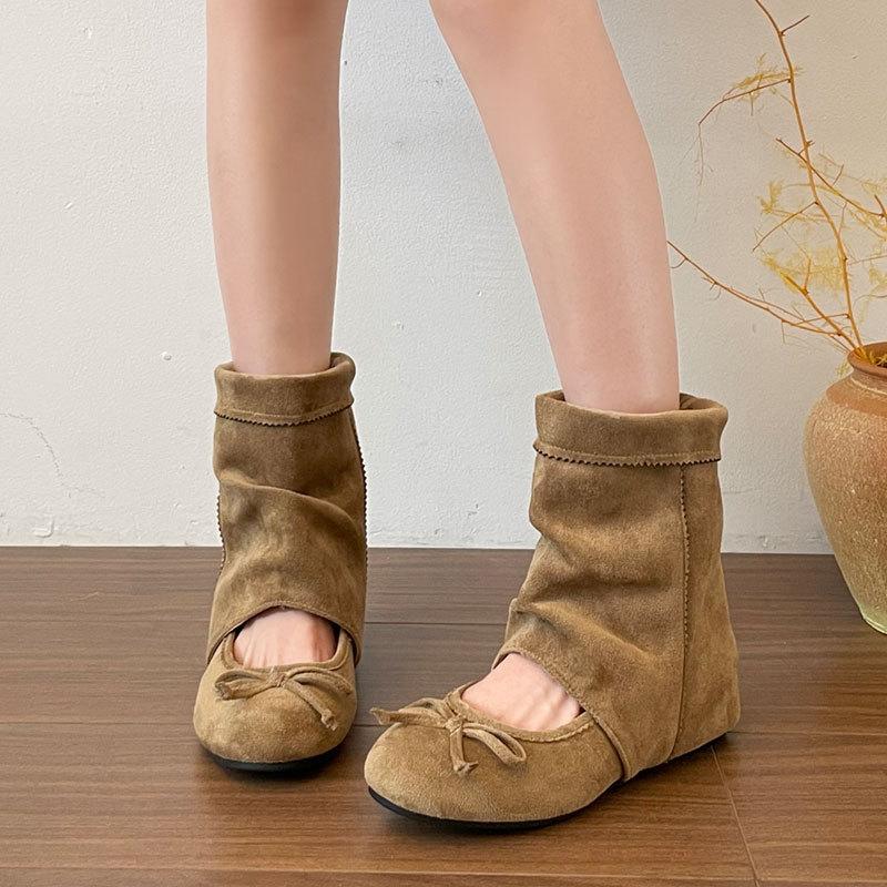 Bow inner height increase pile cool boots women's 0000 spring and autumn sandals bow ballet pleated short boots women's short boots